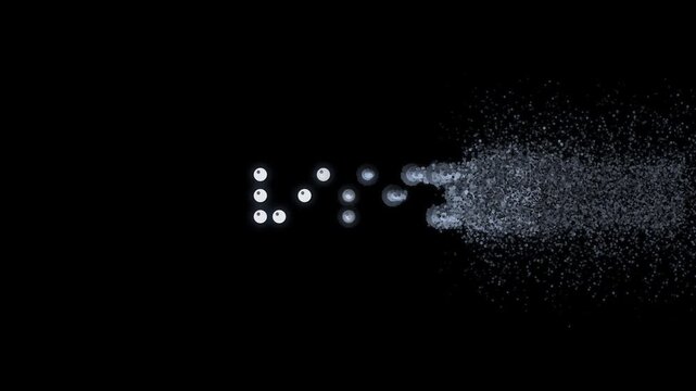 Braille Text "VISION, LIGHT, TOUCH" Materializes from Particles as Text Scrolls Left on Black Background