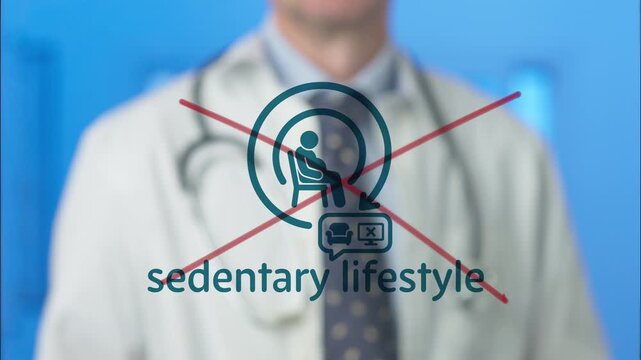 Medical professional in a white coat drawing a red cross over a sedentary lifestyle symbol on a virtual screen, representing the concept of fighting inactivity for better health and wellness