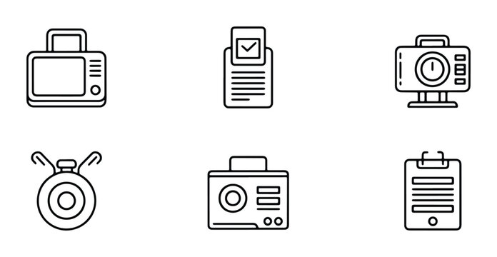 Retro Technology Icons Set: Vintage TV, Stopwatch, Camera, Recorder, Clipboard, POS Machine
