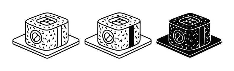 Isometric Sushi Rolls, Japanese Food Icons, Minimalist Maki and Nigiri Vector Graphics © Enamul