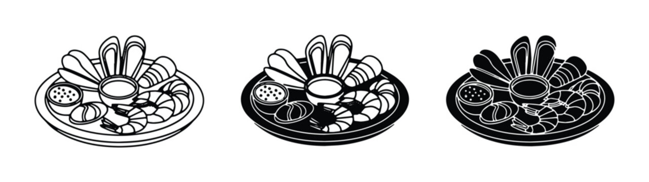 Appetizer Platter Vector Icons: Savory Bites, Shrimp, and Veggies, Set of 3