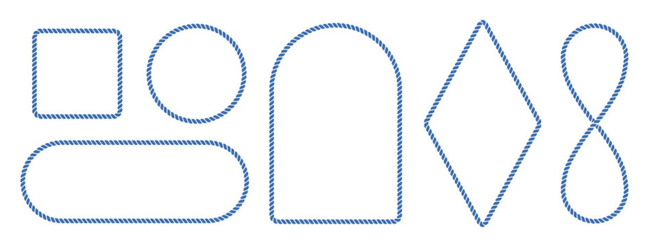 Rope frame border set isolated on white bg. Hexazon, square, oval and heart shape in sea sailor theme, nautical rope collection, flat vector illustration. Blue marine loop and cord frames.