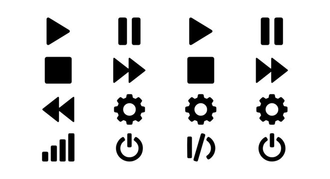 Media Player Icons Set, Vector Controls, Play Pause Buttons, Settings Gear, Power Symbol