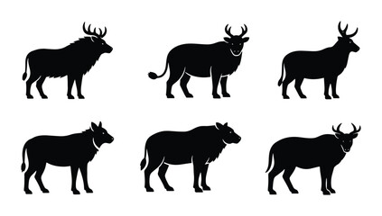 African Wildlife Silhouettes: Wildebeest, Buffalo, and Antelope Vector Icons for Nature and Safari Designs © Jannatul