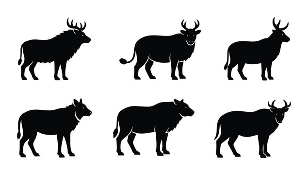 African Wildlife Silhouettes: Wildebeest, Buffalo, and Antelope Vector Icons for Nature and Safari Designs