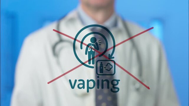 Medical professional drawing a red line through a vaping symbol, illustrating the health risks and dangers associated with electronic cigarettes and promoting the concept of quitting this bad habit