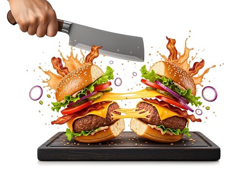 A creative image of a burger being split with a knife, ingredients exploding outward.