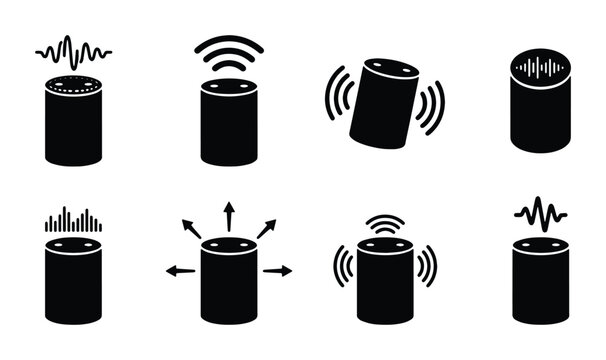 Smart Speaker Icons, Voice Assistant Sound Waves, Digital Assistant Audio Signals, AI Gadget Sound Visualizations