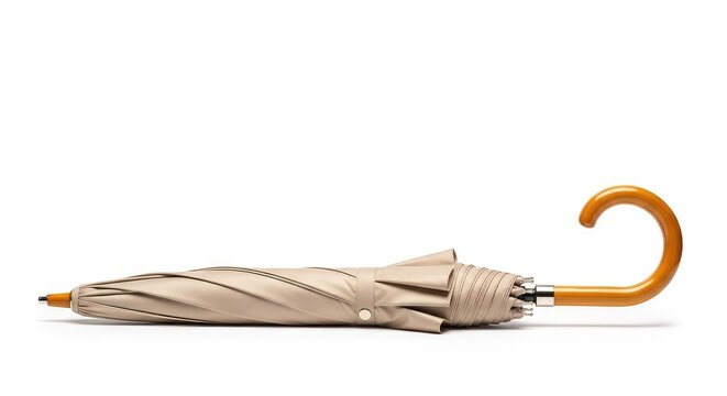 A stylish beige umbrella with a curved wooden handle is shown on a plain white background, highlighting its clean lines and classic design, background, shadow, wood