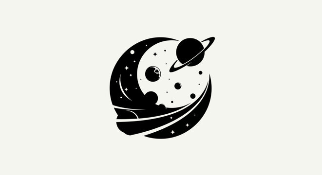Cosmic scene silhouette with planets and stars