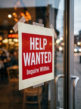 A red and white help wanted sign taped to a glass door, indicating open job opportunities.