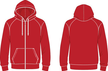 Blank Red Full-Zip Hooded Sweatshirt Technical Template © AbuHuraira