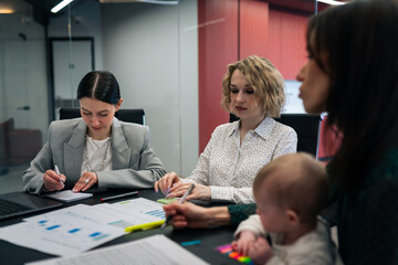 Naklejka na ściany i meble Business meeting with working mother holding baby in office conference room. Work life balance and modern parenting