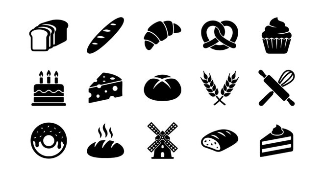 Bakery Icons Set, 15 Vector Food Graphics, Pastry & Bread Symbols