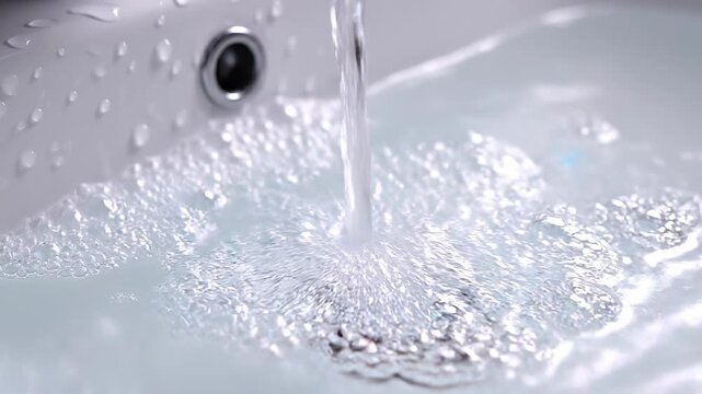 Water flows from a faucet into a white sink, creating bubbles and ripples in the clear water, with droplets visible on the sink surface in a bright indoor setting