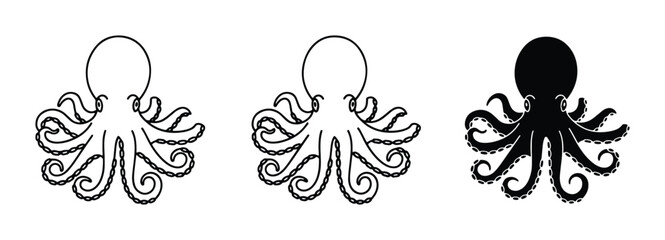 Octopus Vector Icons, Marine Life Silhouettes, Nautical Design Elements, Ocean Creature Graphics © Rubel