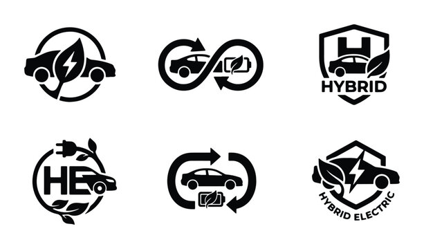 Electric and Hybrid Car Icons, Eco-Friendly Vehicle Symbols, Sustainable Transport Logos, Clean Energy Automotive Graphics