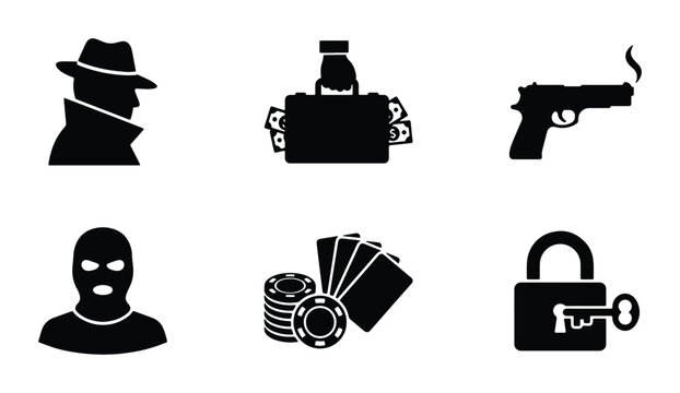 Crime Icons Set: Detective, Money Briefcase, Gun, Robber, Poker Chips, Padlock. Criminal Justice Symbols.
