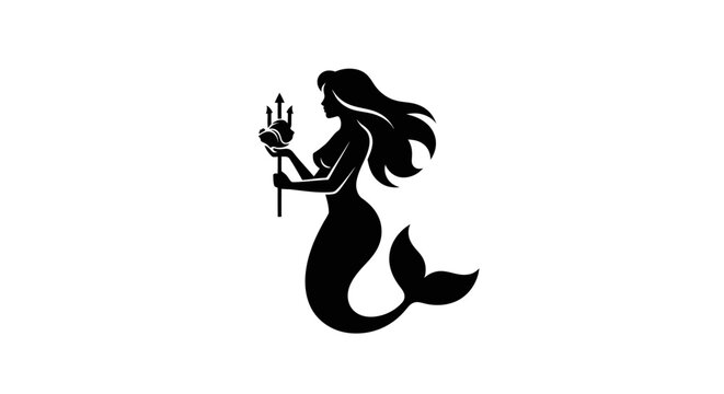 Mermaid silhouette with trident and shell