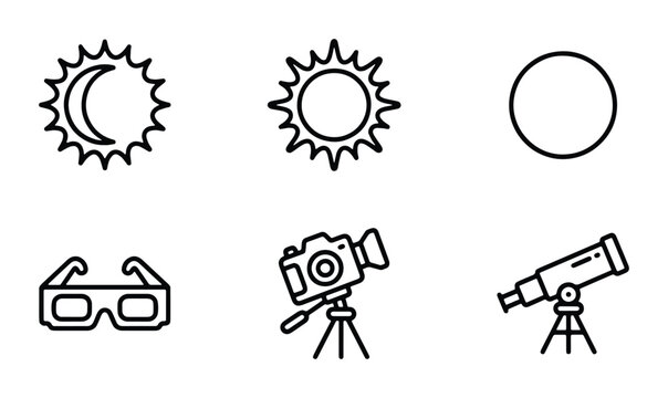 Astronomy Icons: Sun, Moon, Eclipse, Telescope, Camera, Glasses. Celestial, Space, Science Vector Set