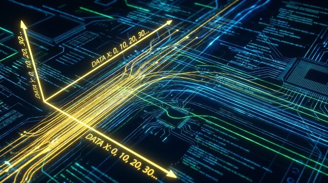 A futuristic digital illustration of circuit boards and data streams with glowing yellow lines and blue green neon lights.