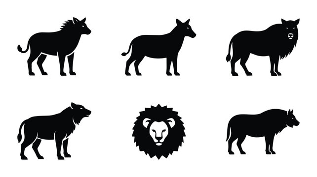 African Wildlife Silhouettes: Lion, Warthog, Wildebeest, Zebra Vector Icons Set, Safari Animals Collection