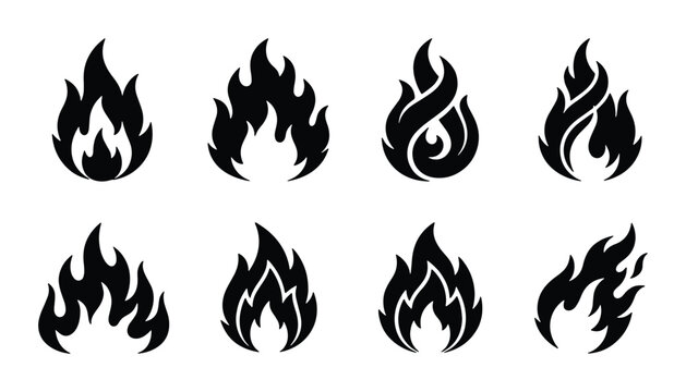 Set of 8 Black Flame Icons, Fire Symbol Collection, Abstract Heat Energy Graphics, Danger Warning Signs