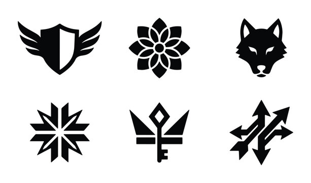 Modern Geometric Icons Set: Wolf, Shield, Flower, Star, Key, Arrows, Vector Graphics for Branding
