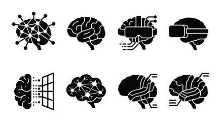 AI Brain Icons Set: Neural Network, VR, Digital Data, Futuristic Technology Concepts © Farhanaz