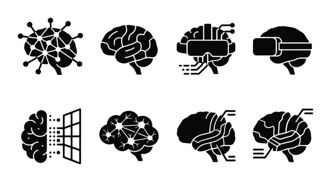 AI Brain Icons Set: Neural Network, VR, Digital Data, Futuristic Technology Concepts