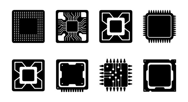Microchip Icons, Computer Processors, CPU Vector Set, Technology Components