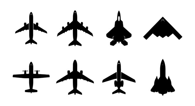 Airplane Silhouettes Collection: Jet Fighters, Commercial Jets, and Propeller Aircraft Icons