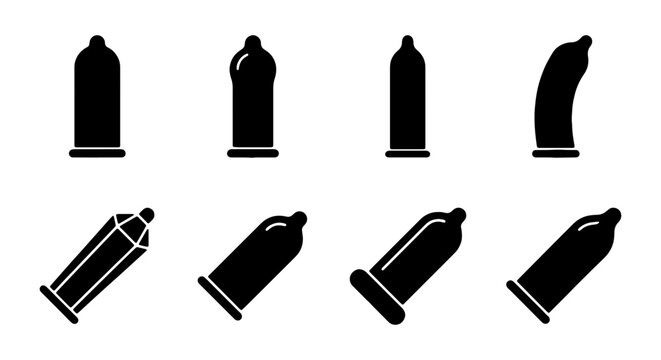 Condom Icons Set, Safe Sex Symbols, Health Protection Vector Graphics