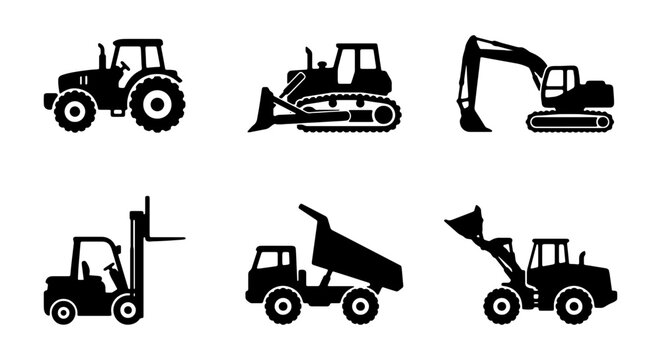 Construction Vehicle Icons Set: Tractor, Excavator, Bulldozer, Forklift, Tipper Truck