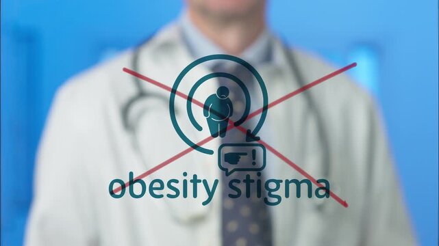 Medical professional drawing a red line through a conceptual icon representing social discrimination and prejudice against overweight people, promoting body positivity and health equity