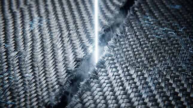 A close-up view of a damaged carbon fiber fabric with a torn section and exposed fibers