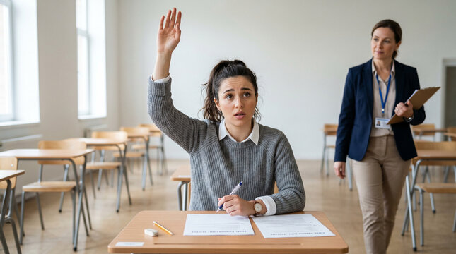 Student raising hand to ask proctor a question during exam  