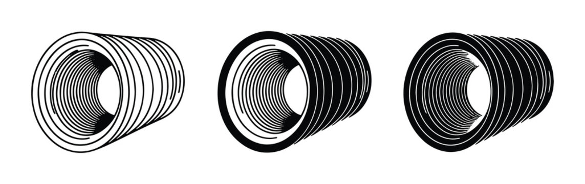 Corrugated Pipe Sections, Industrial Conduit, Plumbing Material, Drainage Tube, Black and White Line Art