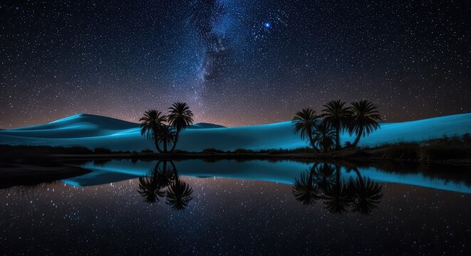 Glowing sand dunes under a vast starry sky at night with a lush oasis including palm trees and a reflective pond mirroring the deep cosmos, scenic, tranquil, sand