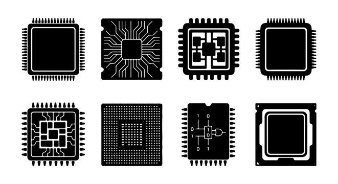Microchip Icons, Computer Processors, Electronic Components, Technology Vector Set