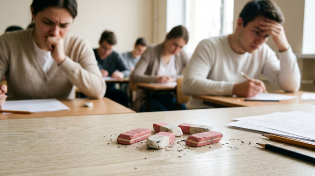 Students stressed during final school exams with used erasers on desk  