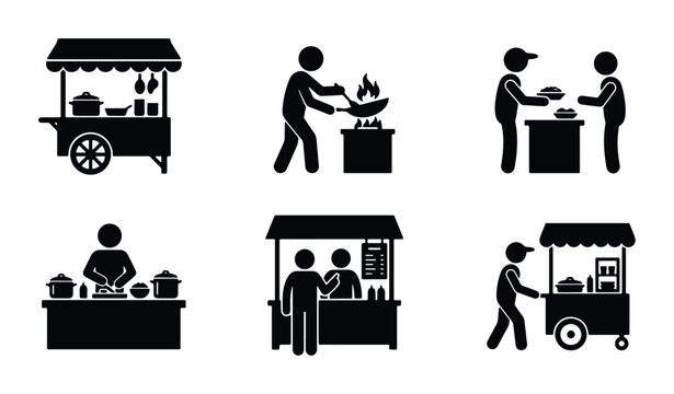 Street Food Vendor Icons, Mobile Kitchen Cart Illustrations, Food Stall Service Graphics, Diverse Culinary Business Scenes