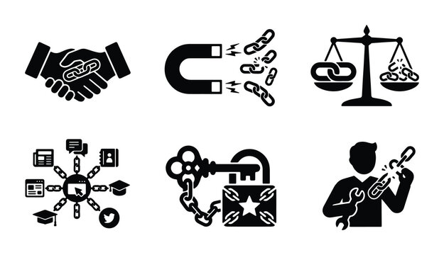SEO Link Building Icons: Partnership, Magnet, Balance, Network, Key, Repair - Business Strategy Vector Set