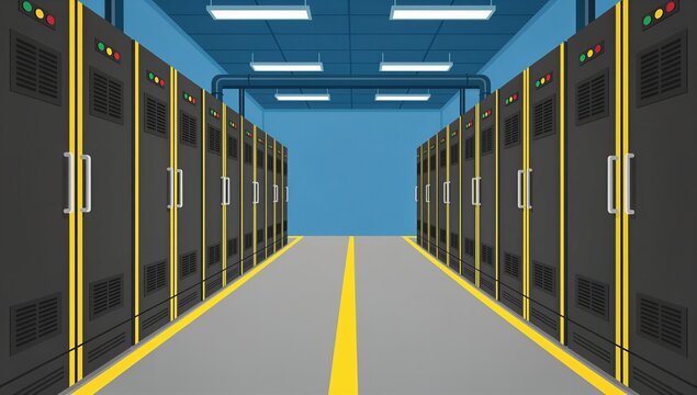 Detailed illustration long corridor inside industrial power distribution facility with symmetrical cabinets