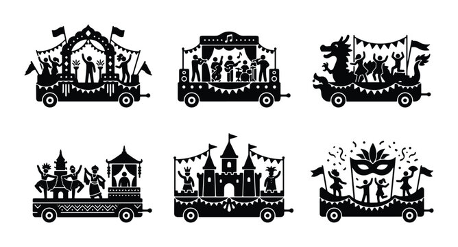 Mardi Gras Parade Floats Vector Set: Festive Celebration, Carnival, Masquerade, Celebration, Entertainment, Performance, Celebration