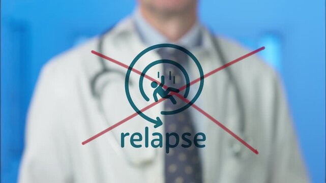 Unfocused doctor drawing a red cross over a relapse icon on a glass screen, symbolizing the prevention of disease recurrence, successful treatment, and a commitment to patient recovery