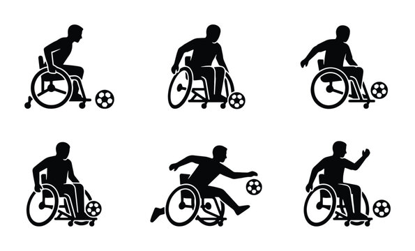 Wheelchair Soccer Icons Set, Adaptive Sports Silhouettes, Disabled Athlete Action Poses, Inclusive Football Graphics