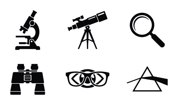 Science Icons Set: Microscope, Telescope, Magnifying Glass, Binoculars, Eyeglasses, Prism. Research, Discovery, Optics Symbols