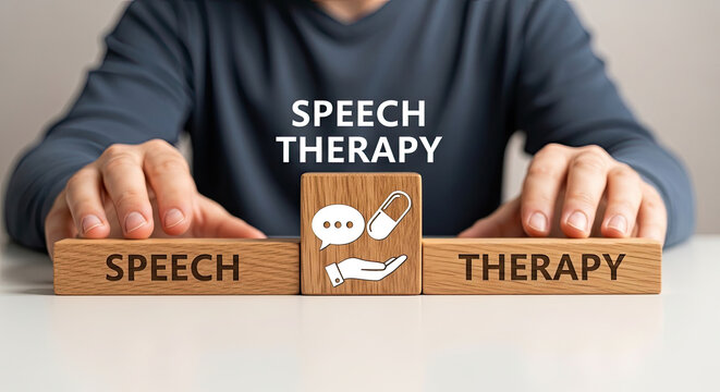 A person engaging in speech therapy with wooden blocks and a supportive environment for communication improvement and rehabilitation purposes effectively
