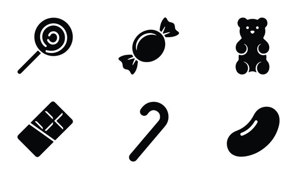 Sweet Treats Icons: Lollipop, Candy, Gummy Bear, Chocolate Bar, Candy Cane, Jelly Bean, Vector Set